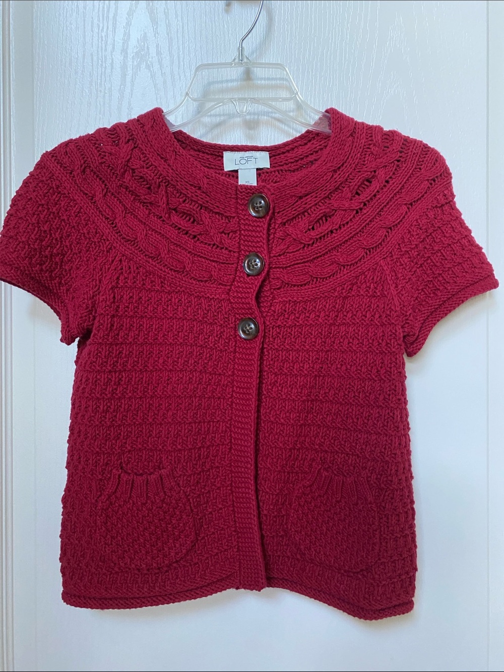 LOFT Short-Sleeve Cable Knit Cardigan - Deep Red